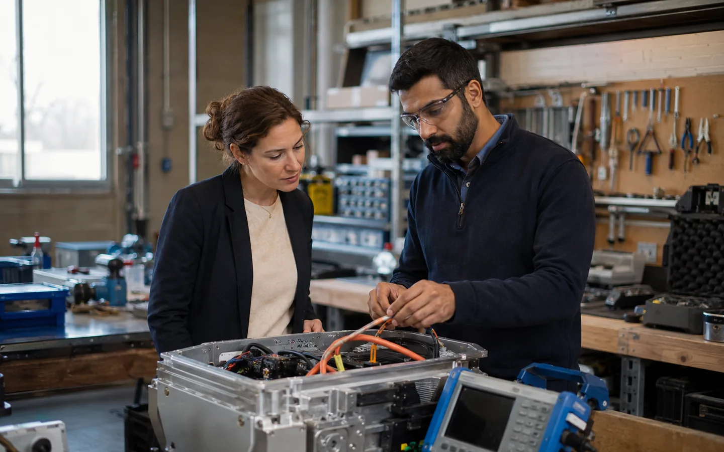 A founder and technical specialist examining a clean-energy prototype in a workshop