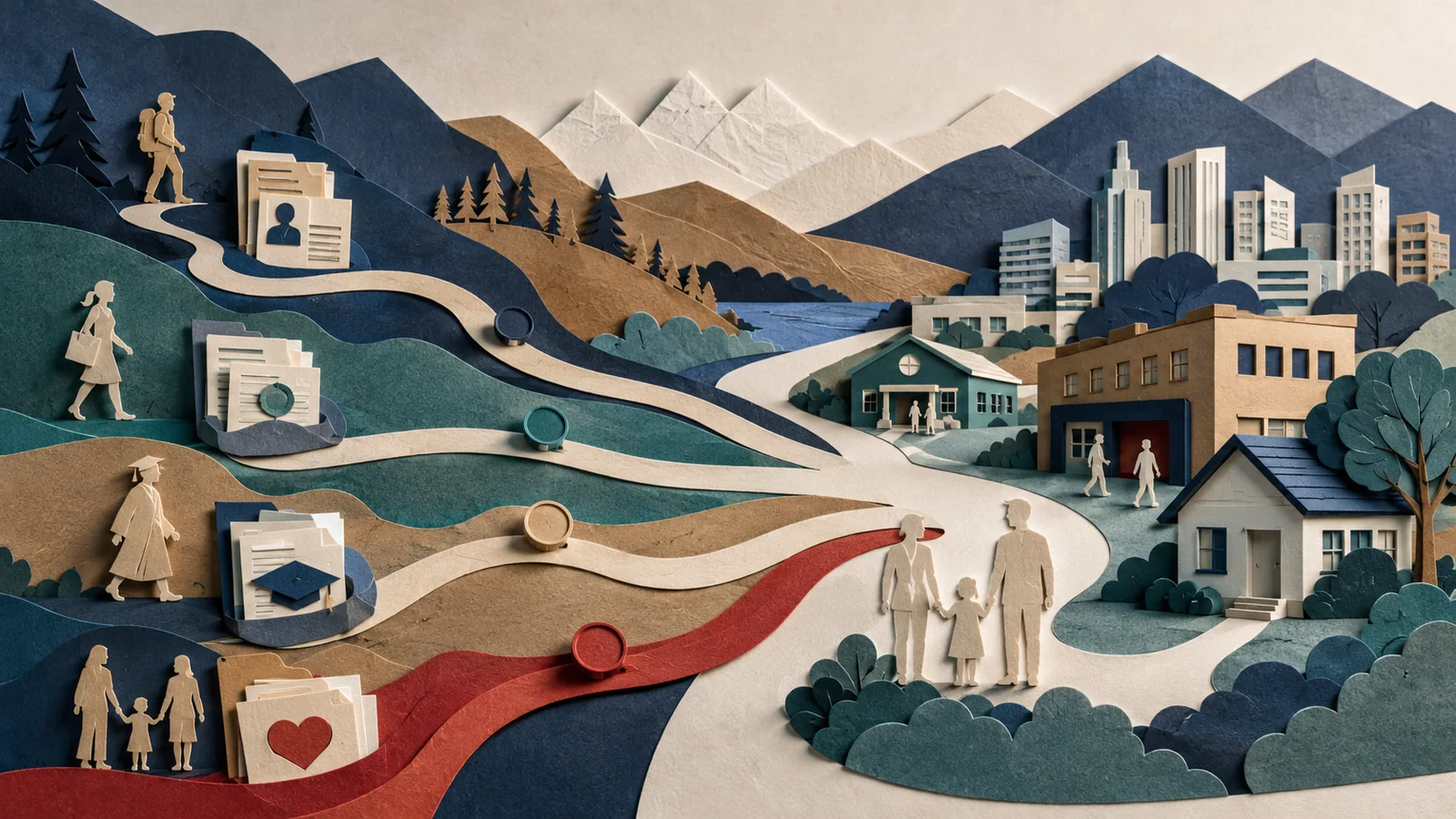 A handcrafted paper landscape showing several immigration pathways leading toward a Canadian community