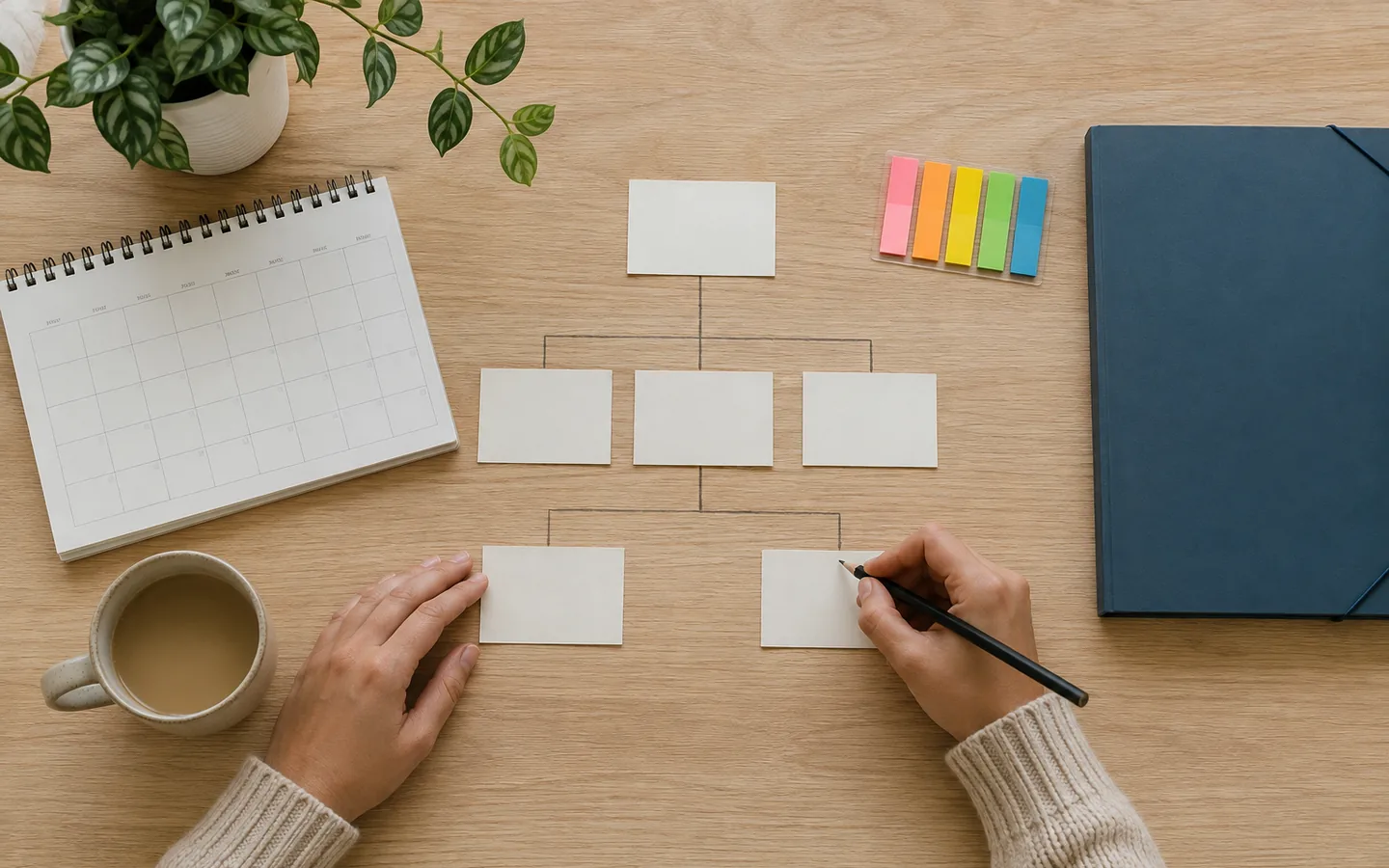 Hands arranging a dated decision tree and deadline calendar on a desk