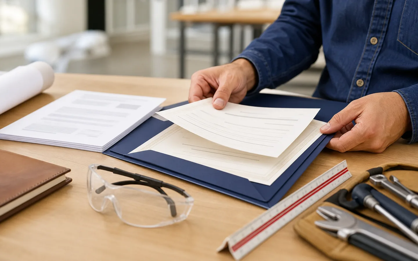 A skilled professional organizing credential records beside occupation tools