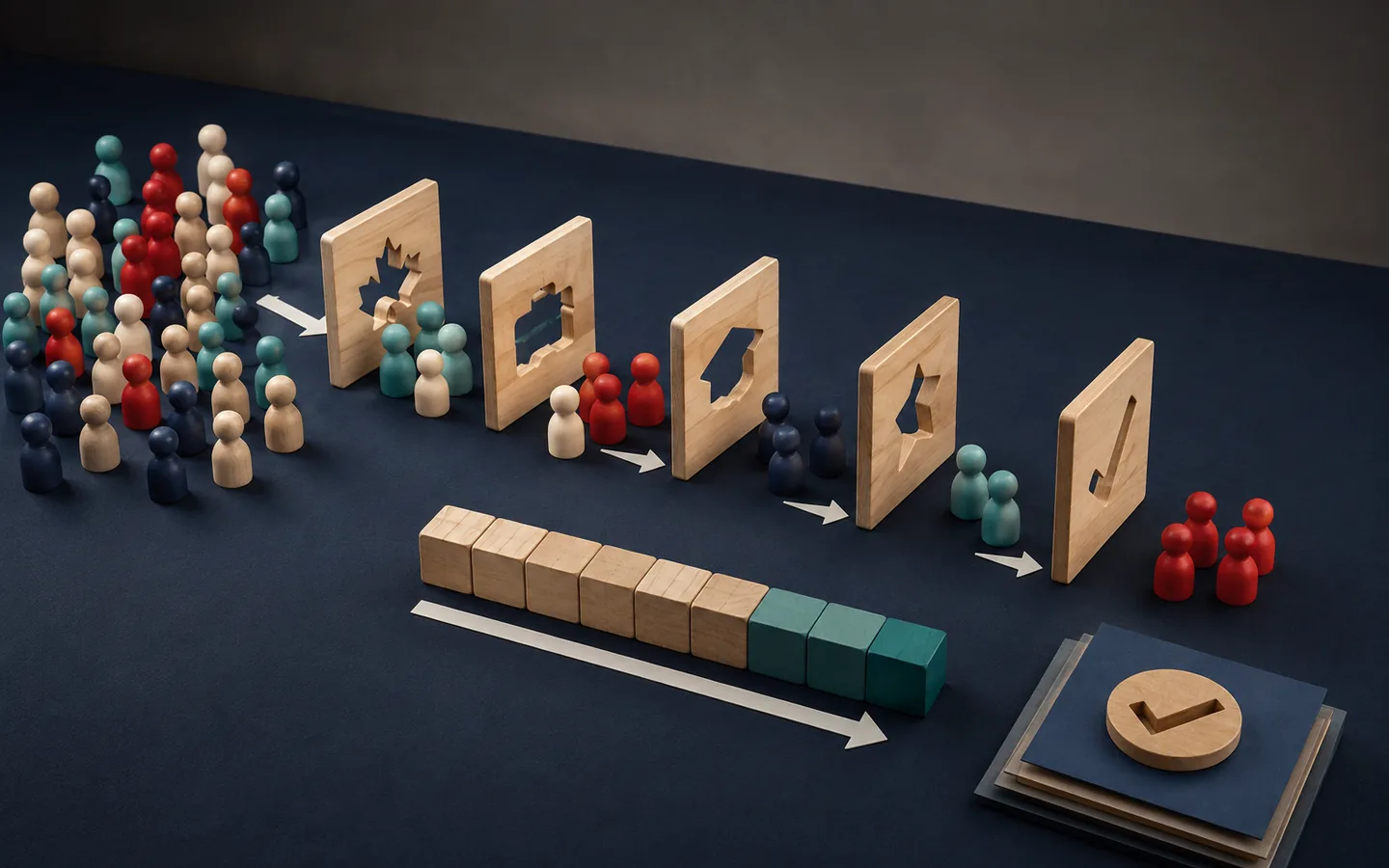 Wooden figures and category gates illustrating a selection and invitation process
