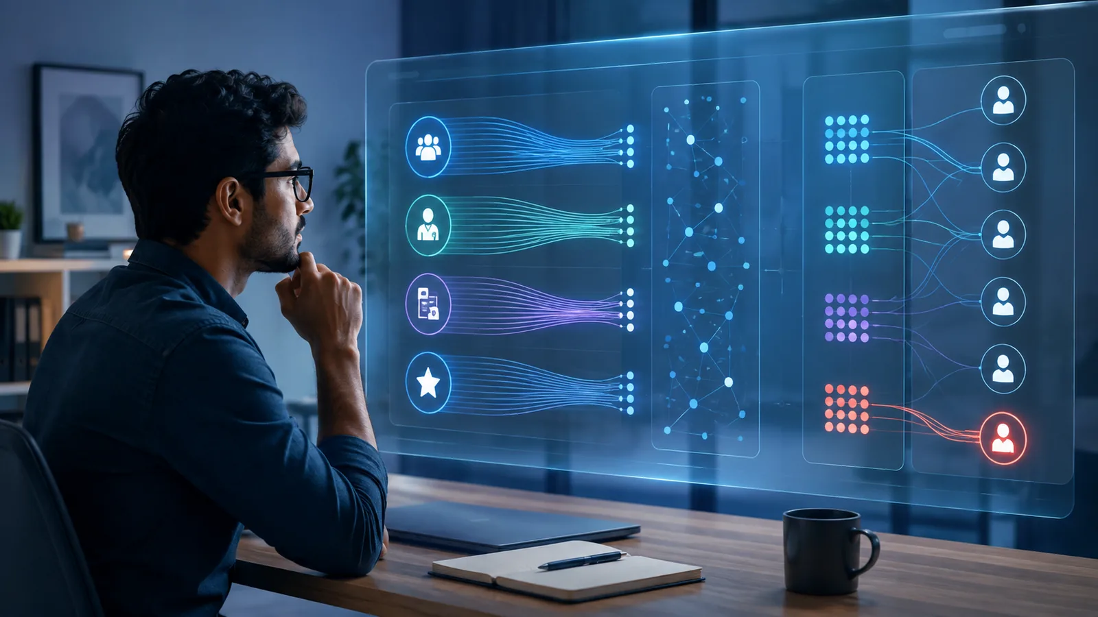 A skilled worker studying an abstract visualization of Express Entry categories and invitation paths
