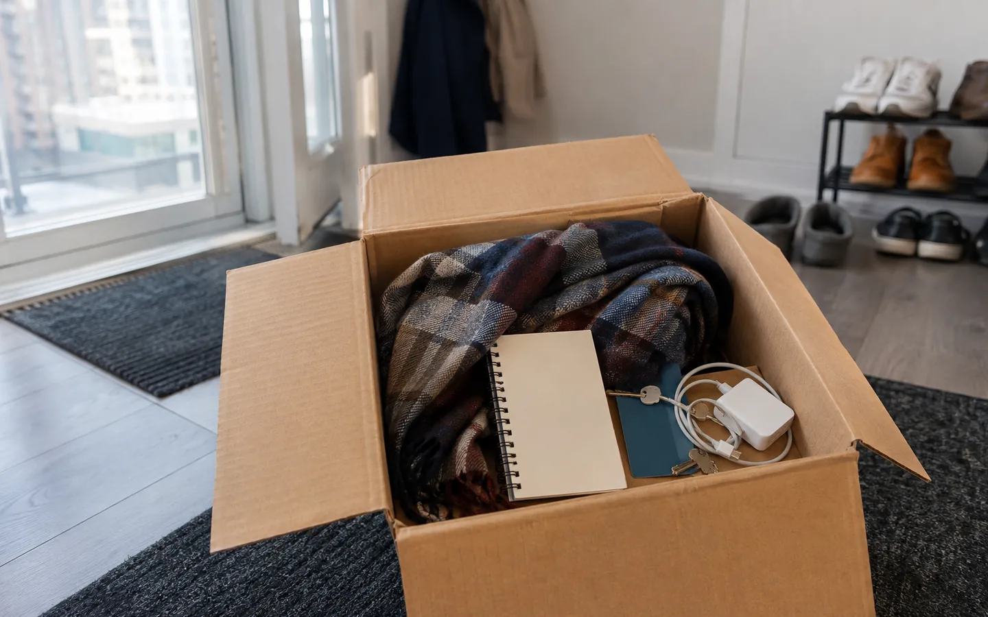 A moving box with first-month essentials in a Canadian apartment entryway