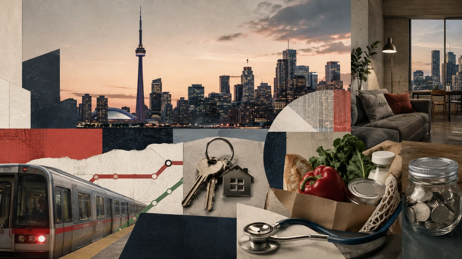 An editorial collage combining Toronto housing, transit, groceries, health needs and savings