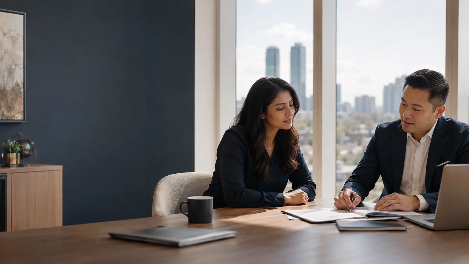 A newcomer and immigration professional reviewing a plan in a bright consultation room