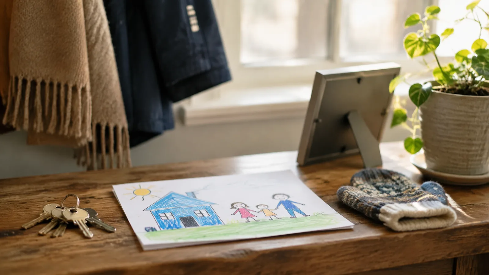 House keys, a child drawing, warm mittens and a growing plant in morning light