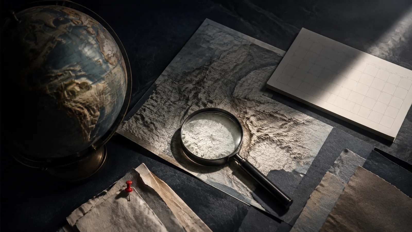 A globe, topographic map and magnifying glass representing country-condition research
