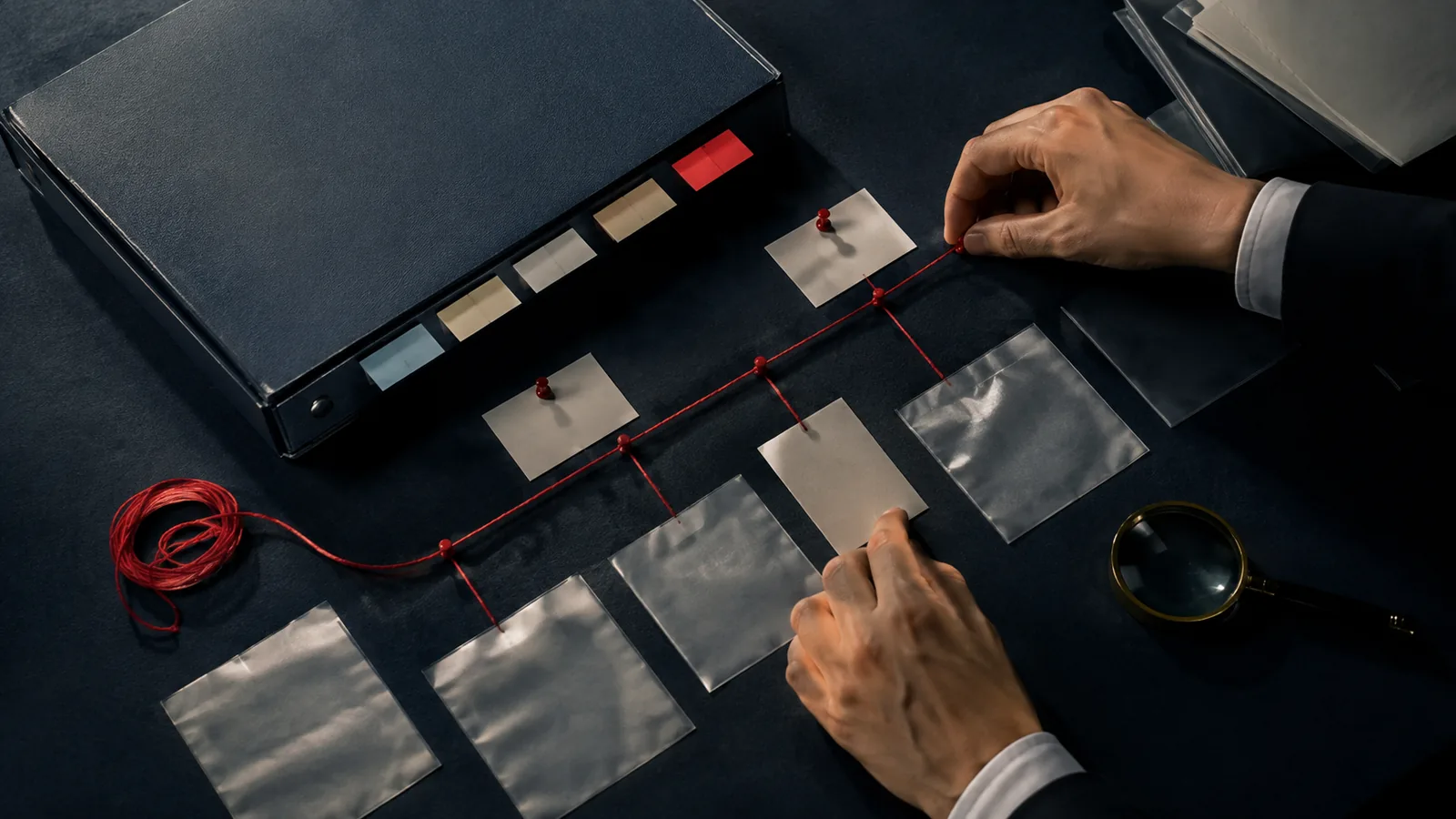 A reviewer arranging an organized evidence timeline for an appeal