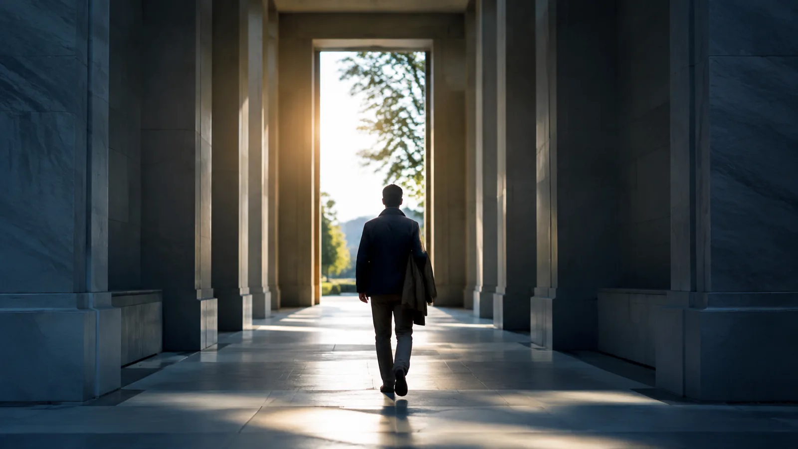 A person walking through a civic corridor toward a sunlit doorway