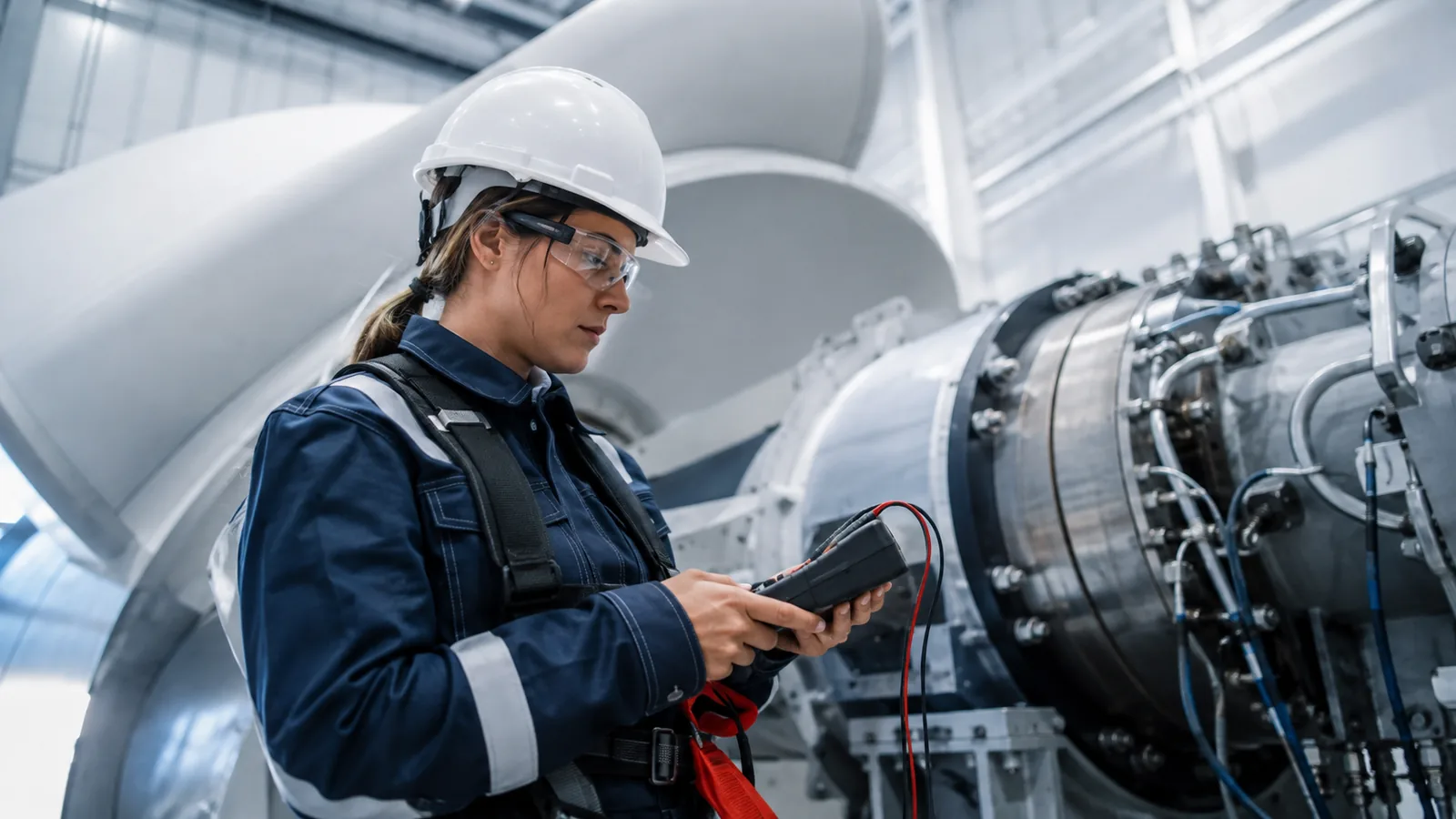 A renewable-energy technician inspecting industrial equipment