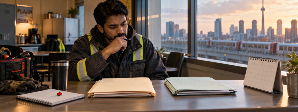 Newcomer worker reviews two separate permit and permanent-residence records beside a calendar before planning a work-permit extension.