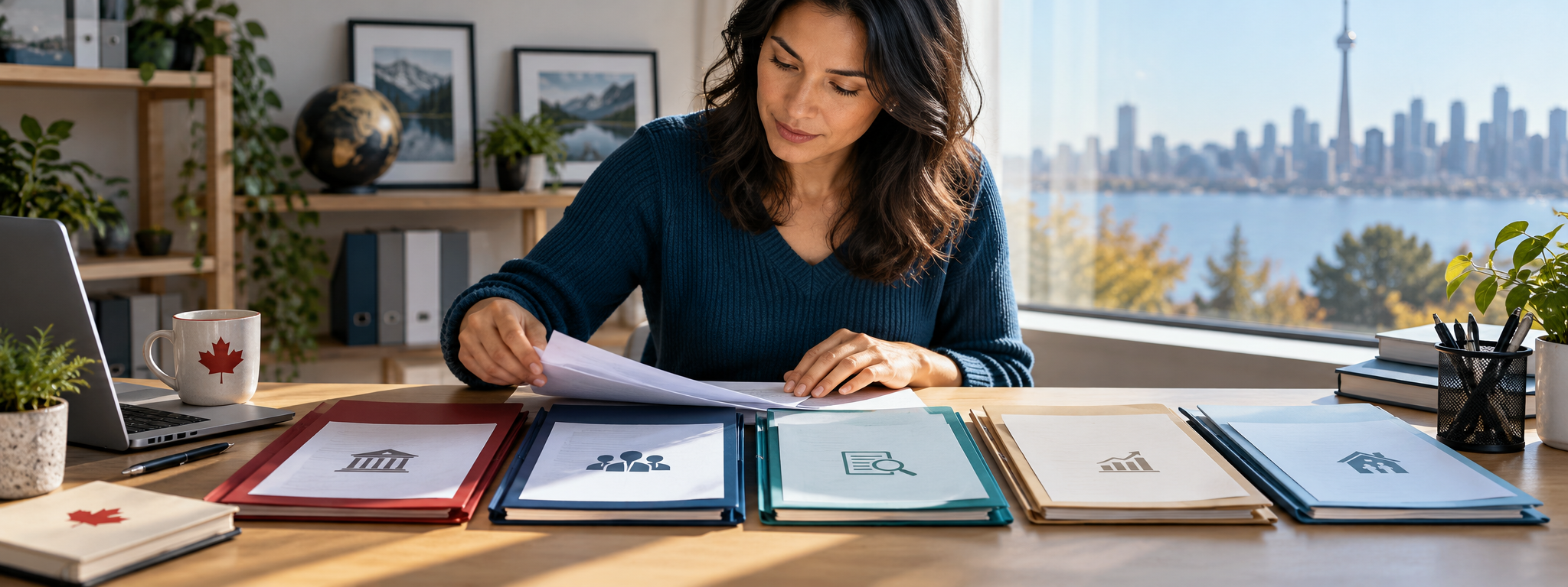 Business owner organizing separate folders for Canadian immigration application charges, professional fees, evidence costs and family funds.