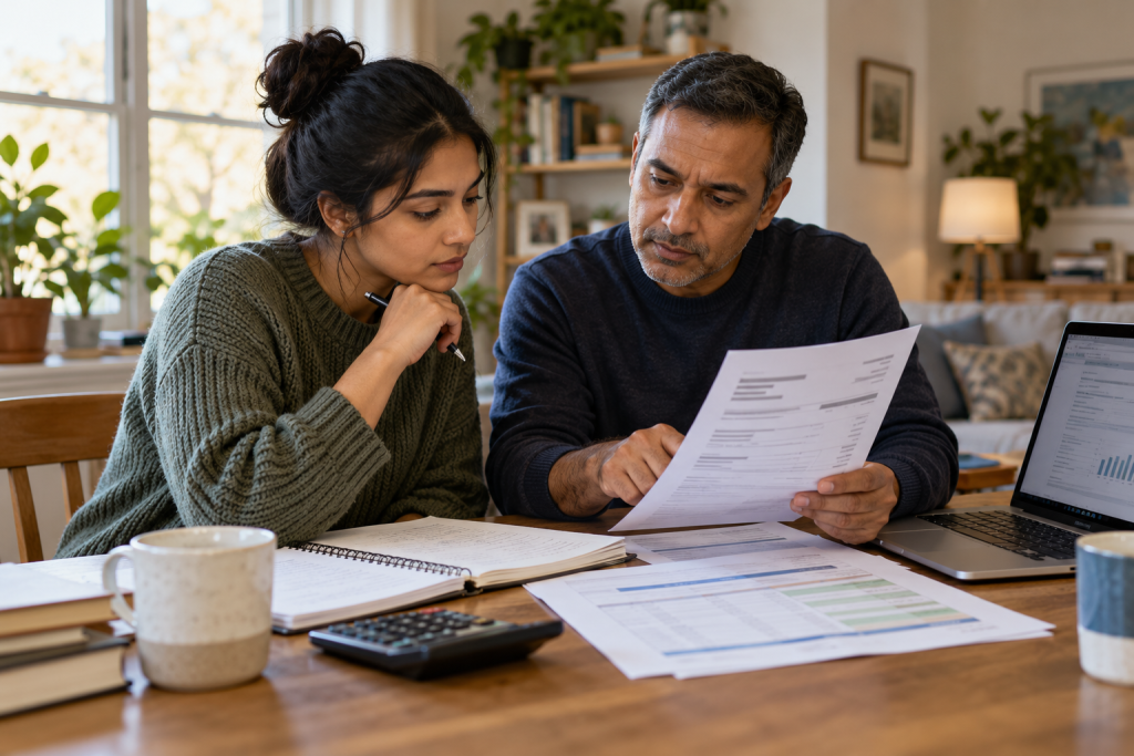 International student and parent review tuition documents and a study budget together.