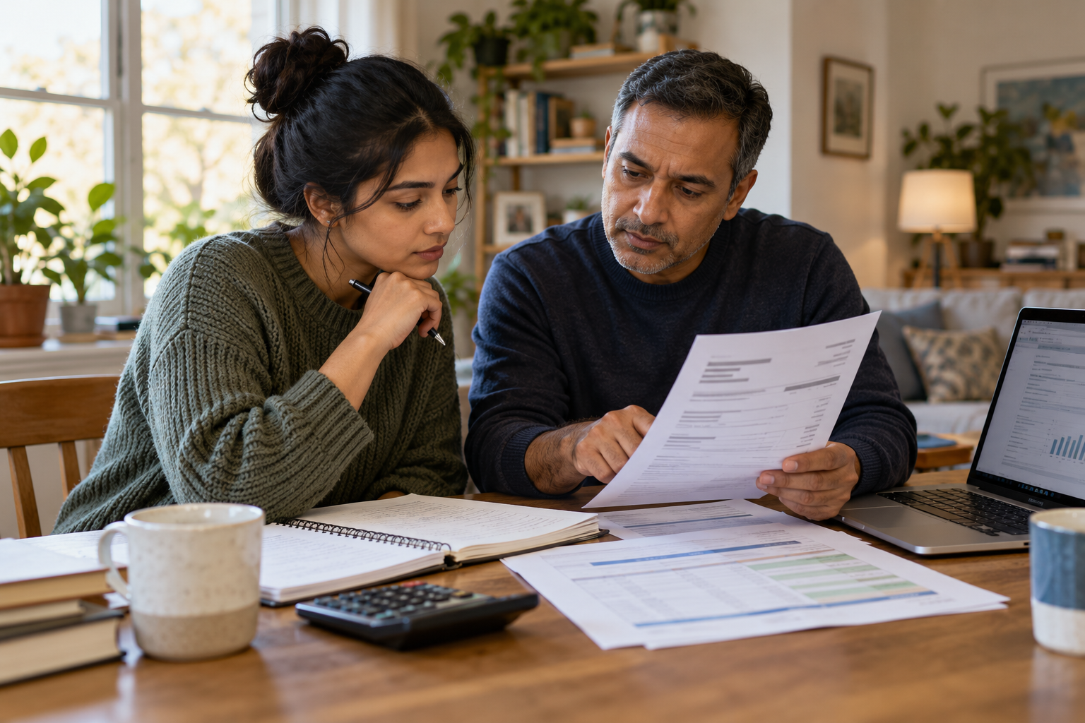International student and parent review tuition documents and a study budget together.