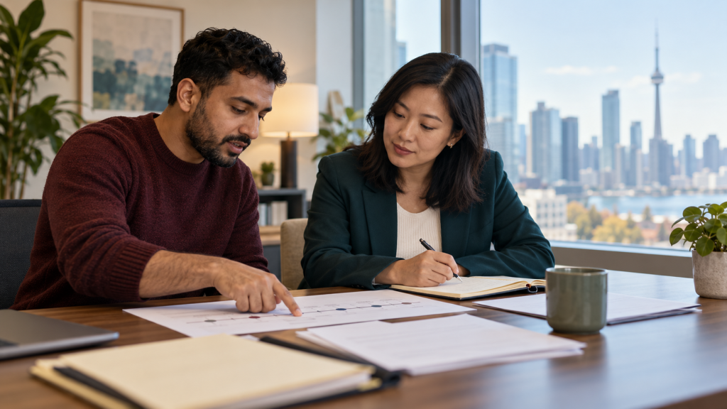Immigration consultant and client review a timeline and evidence for an H&C application.