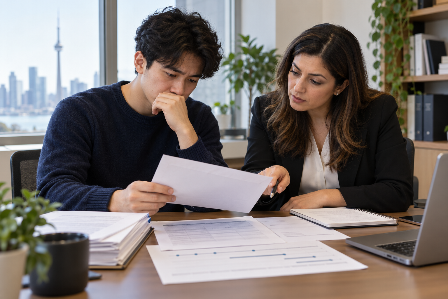 Recent graduate and adviser review a PGWP decision letter and study records.
