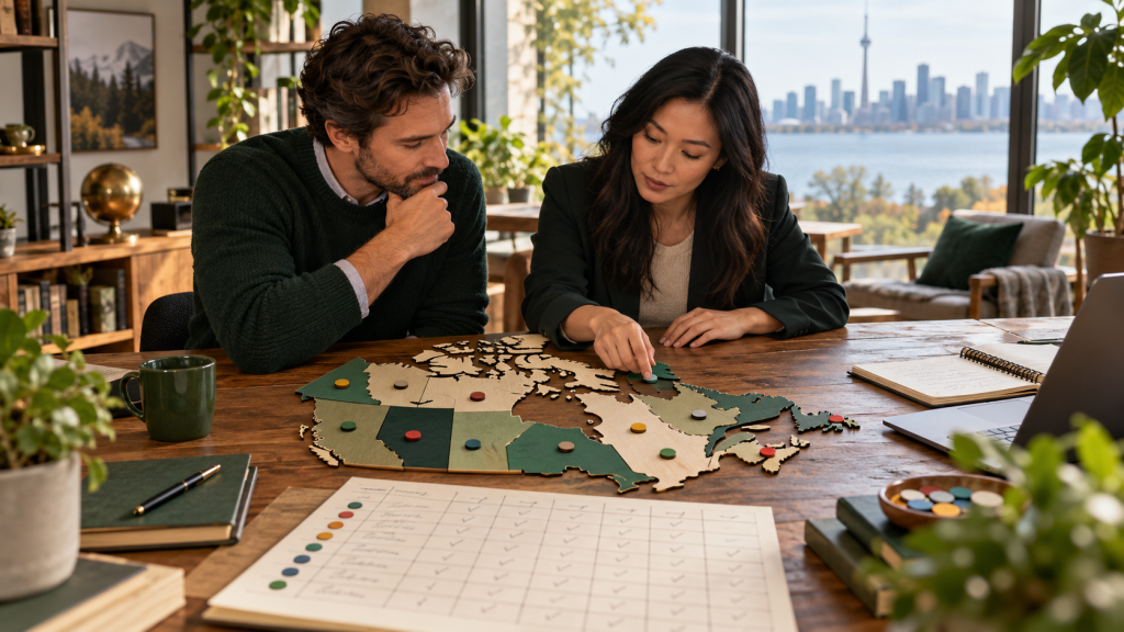 Two people review a map and planning notes at a table.