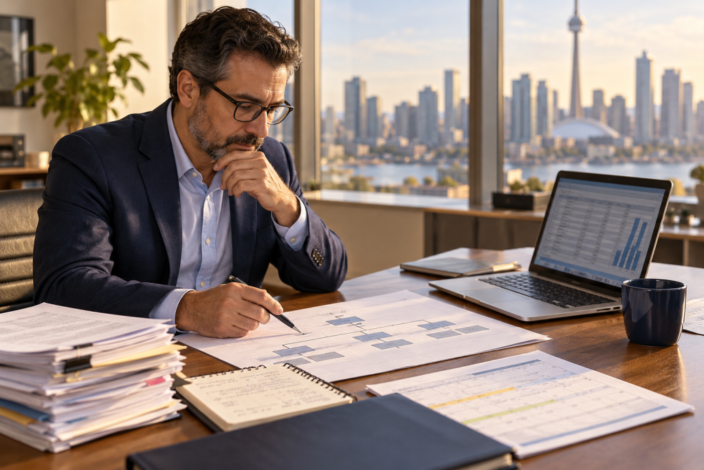 Senior professional reviews an organizational chart and work records at an office table.