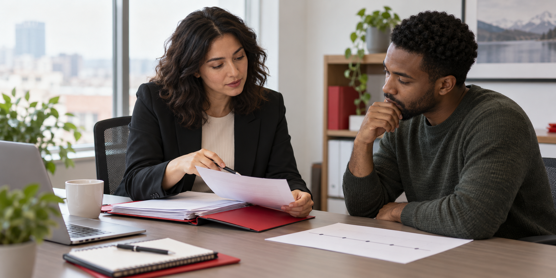 Immigration consultant and client review an appeal file and filing timeline together.