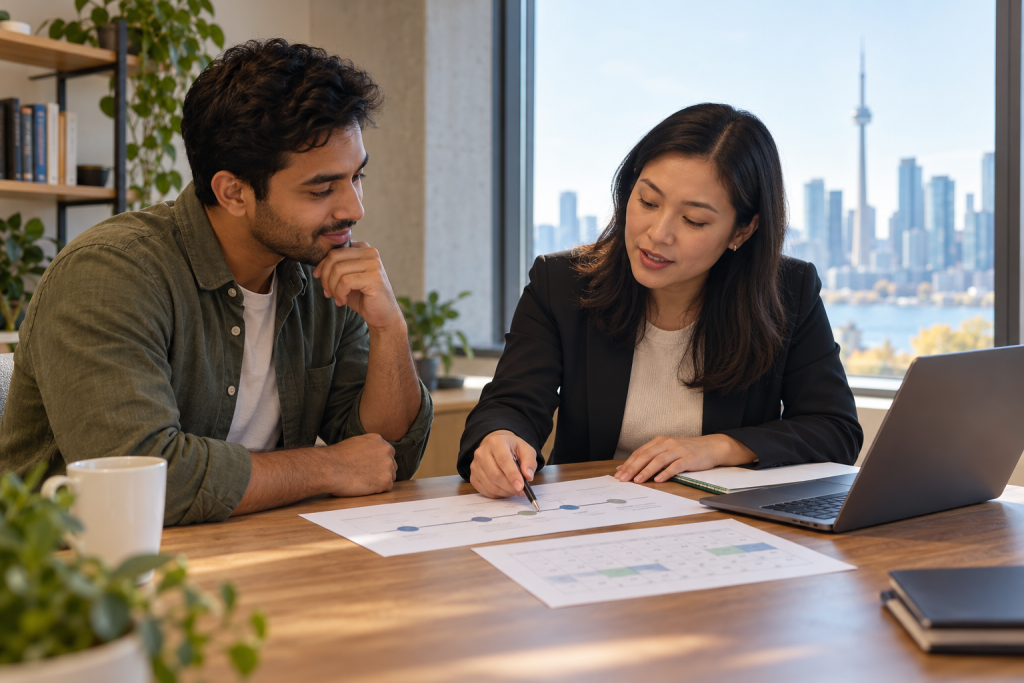 Worker and adviser review an application timeline and residence history together.