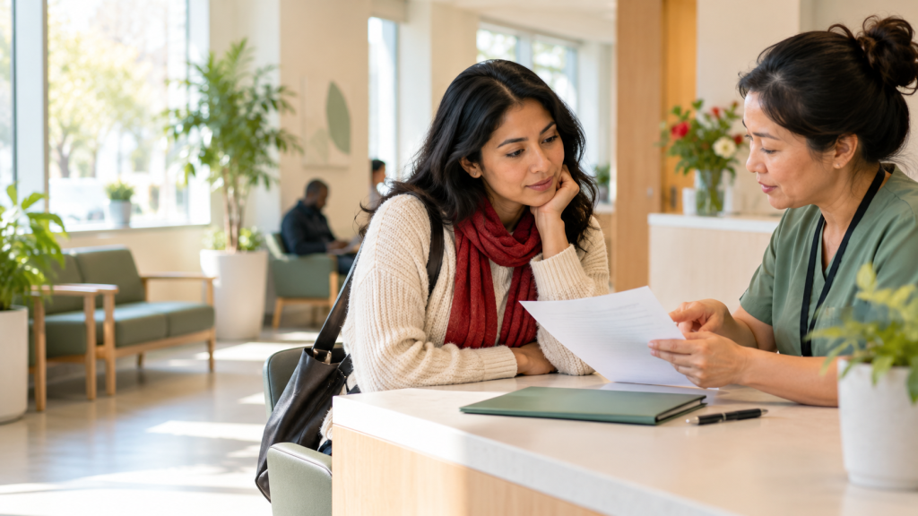 Newcomer reviewing Ontario health coverage documents at a community health centre.