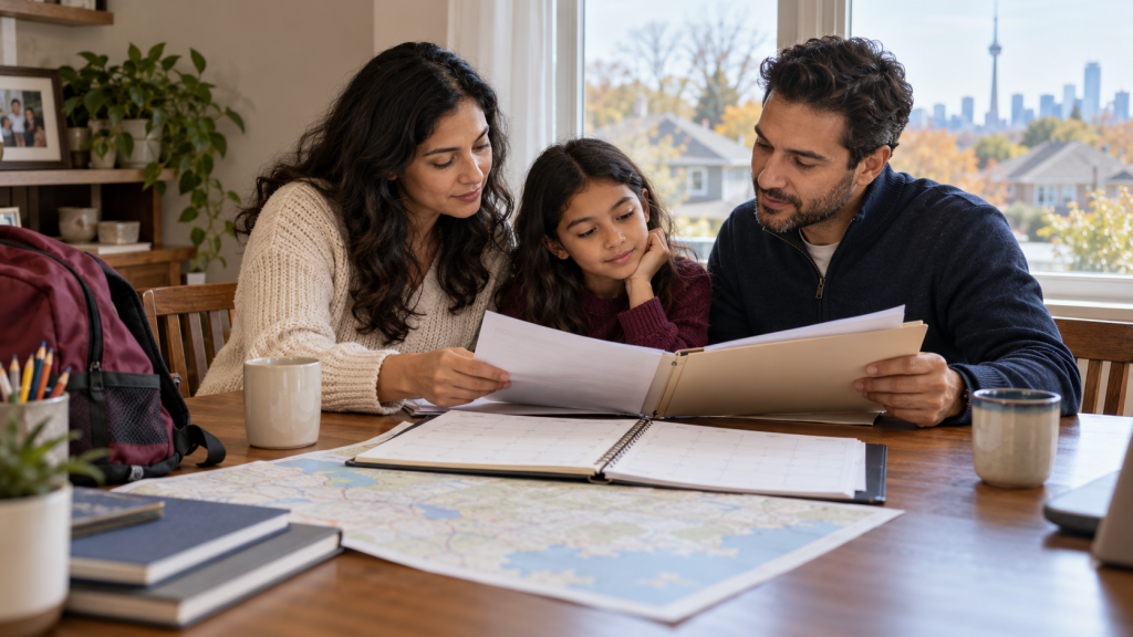 Parents and child review school documents and a travel calendar together at a table.