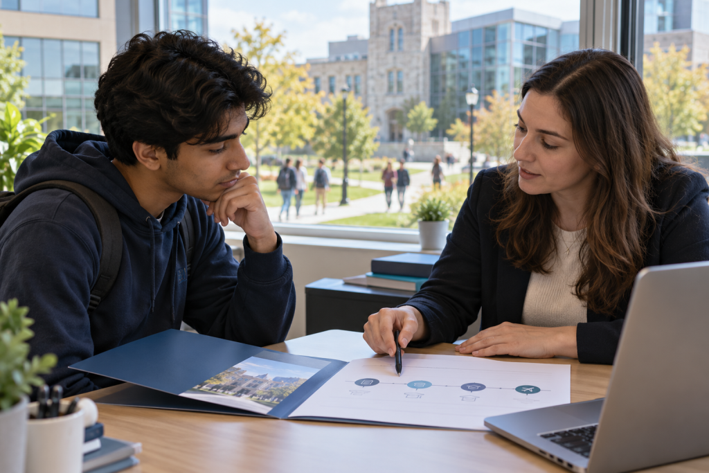 International student and campus adviser compare an Ontario study-plan timeline.