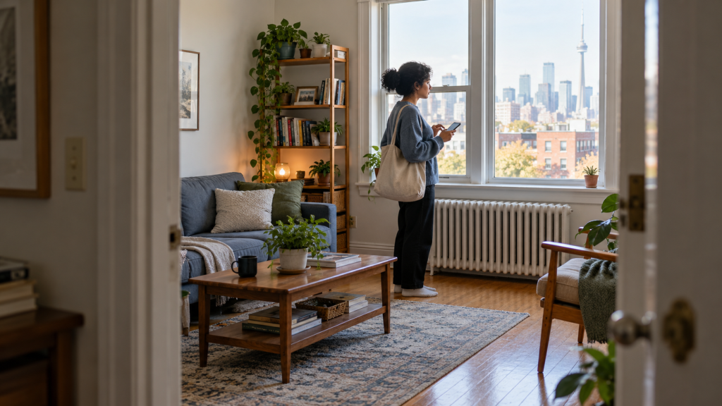 Newcomer checks the condition of a Toronto apartment before renting.