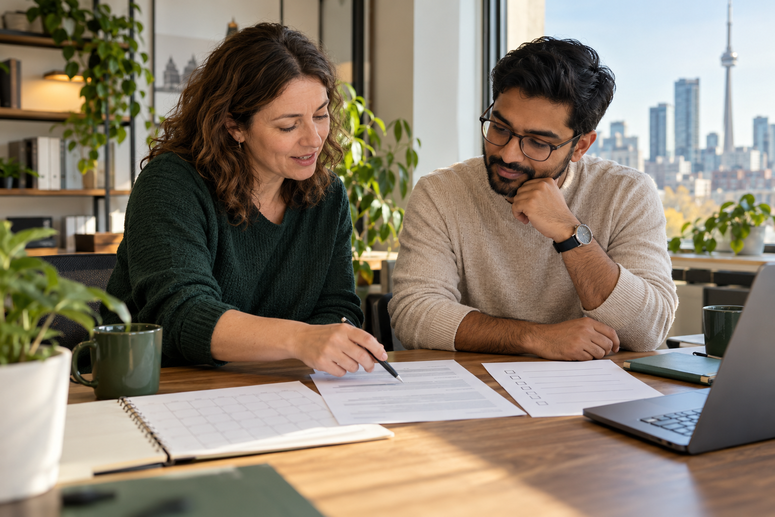 Ontario employer and international professional review a job description and application checklist together.