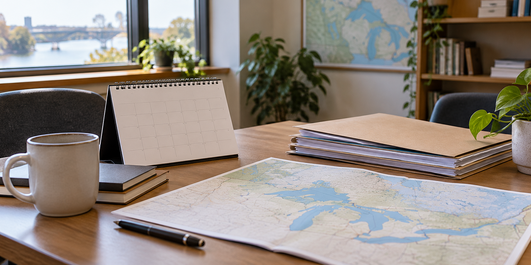 A blank calendar and organized records beside a map in a community legal information office