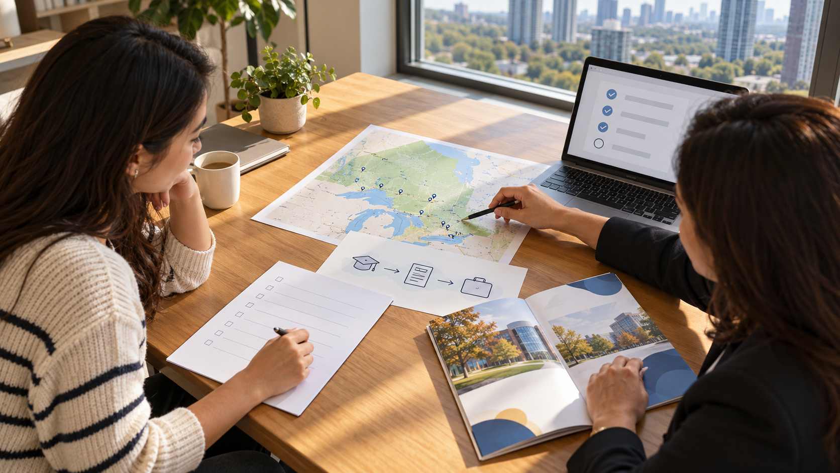Adult student and adviser compare an Ontario map, a program checklist and study-to-work options