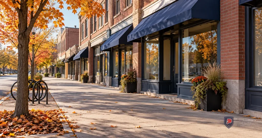 An unoccupied Canadian commercial street with plain brick storefronts.