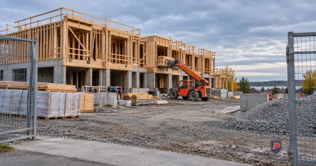 An unoccupied construction site with timber framing, a telehandler and a gravel access road.