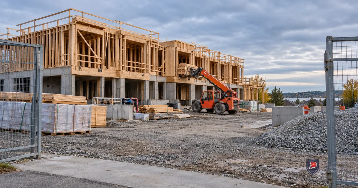 An unoccupied construction site with timber framing, a telehandler and a gravel access road.