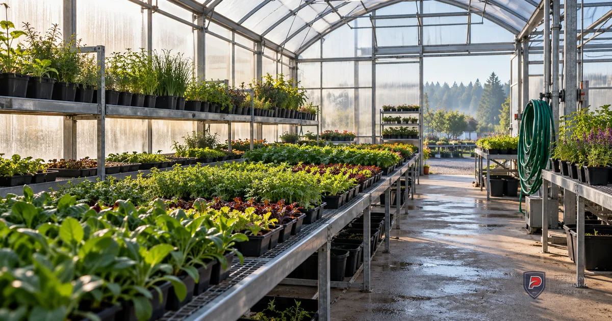 Seedlings and a potting workspace inside an unoccupied small greenhouse.