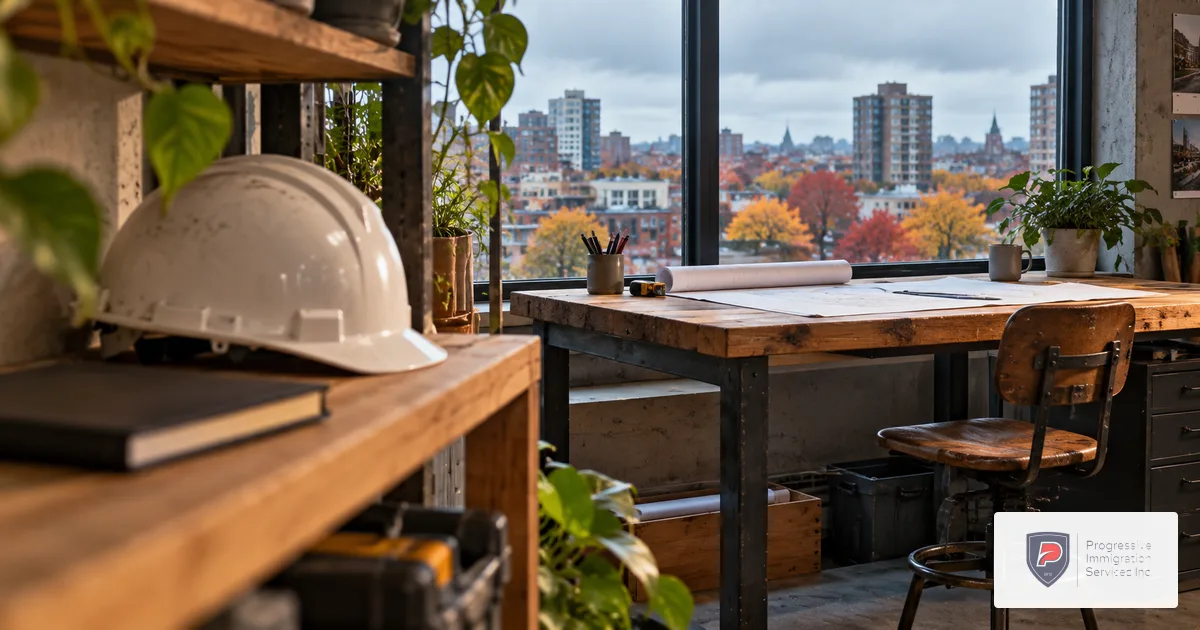 An unoccupied technical workspace with a hard hat, workbench and autumn city view.