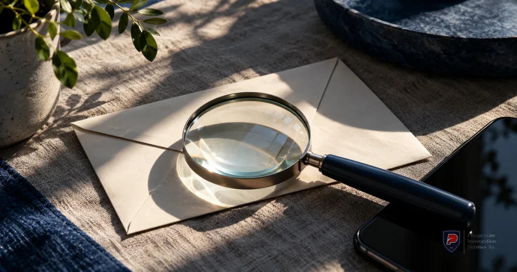 A magnifying glass, blank envelope and unlit phone illustrate pausing to verify a request.