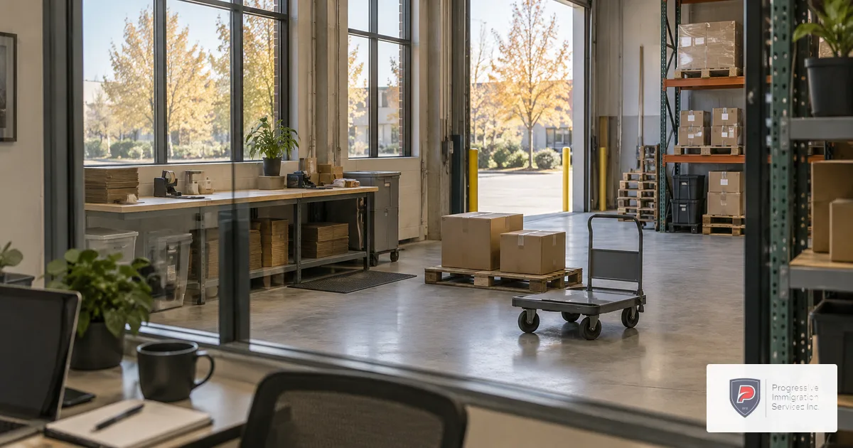 A small commercial receiving area with a packing bench, cartons and an adjoining office.