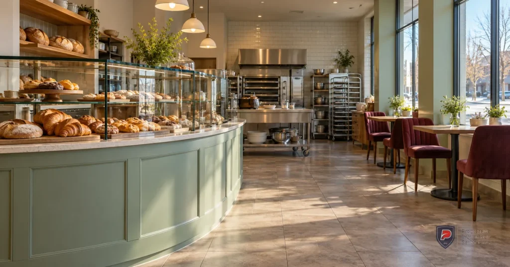 An unoccupied neighbourhood bakery with a pastry counter and practical food-service workspace.