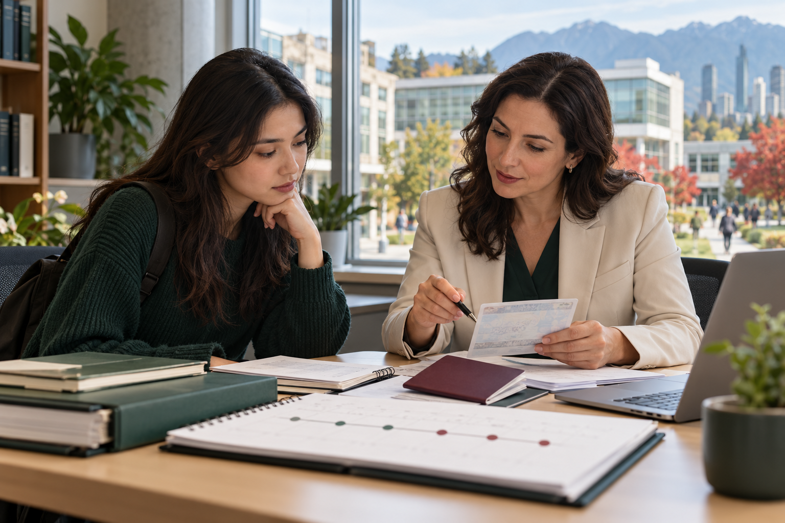 Graduate and adviser review a PGWP expiry timeline and possible status options.