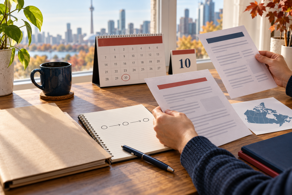 Newcomer compares dated Canadian immigration notices beside a September calendar and October date card.